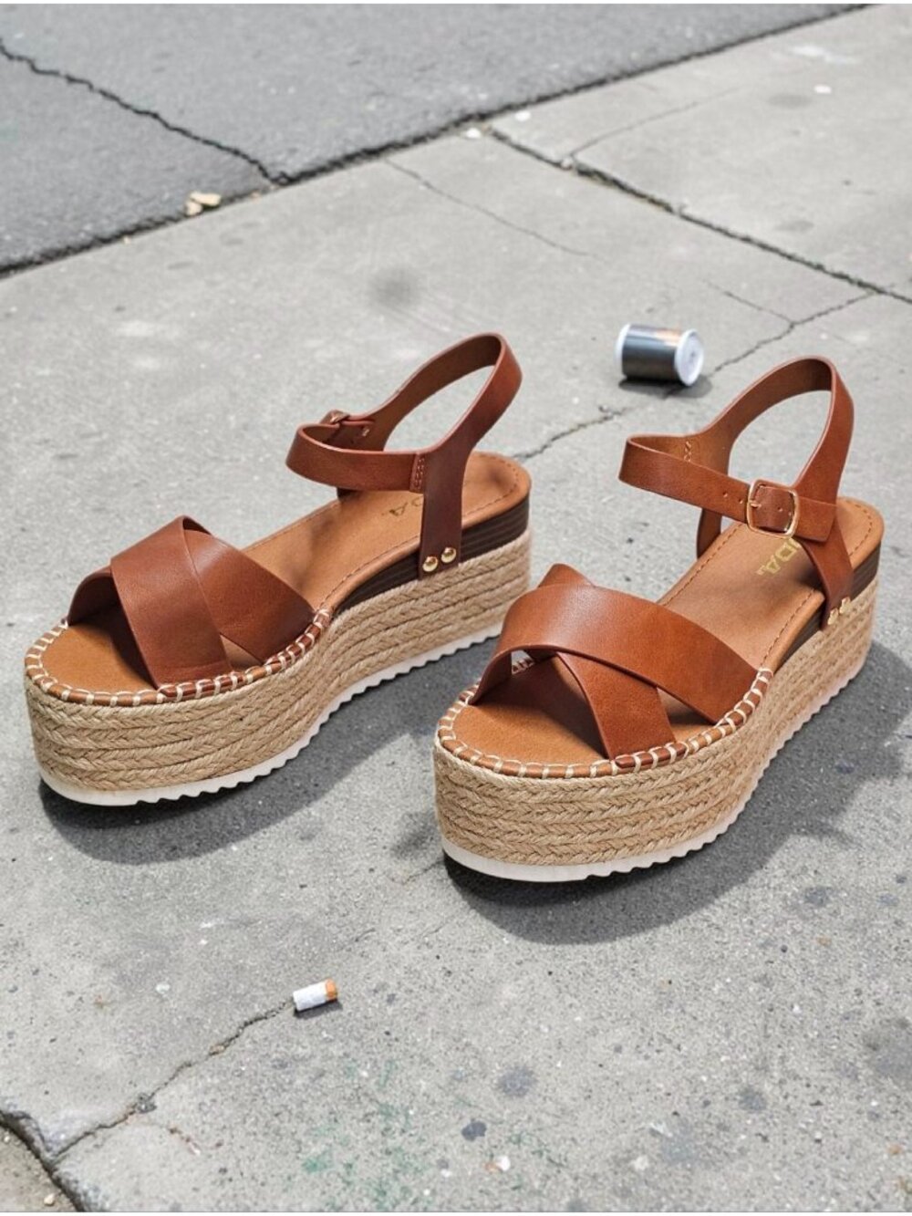 Tan Platform Espadrille Sandals With Buckle Strap Crisscross Upper & White Sole